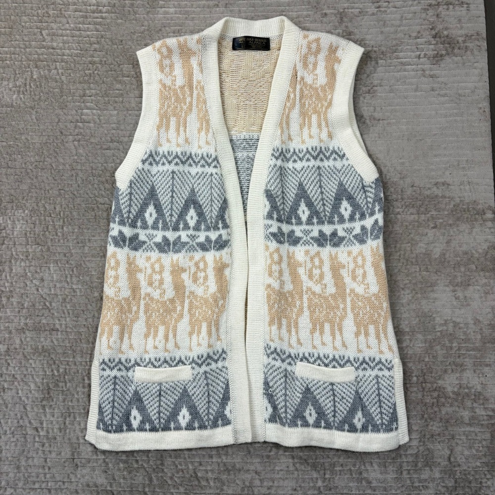 Arte Inka-Berfass Alpaca Wool Knit Vest Llama Peruvian Open Front Cream Grey Tan